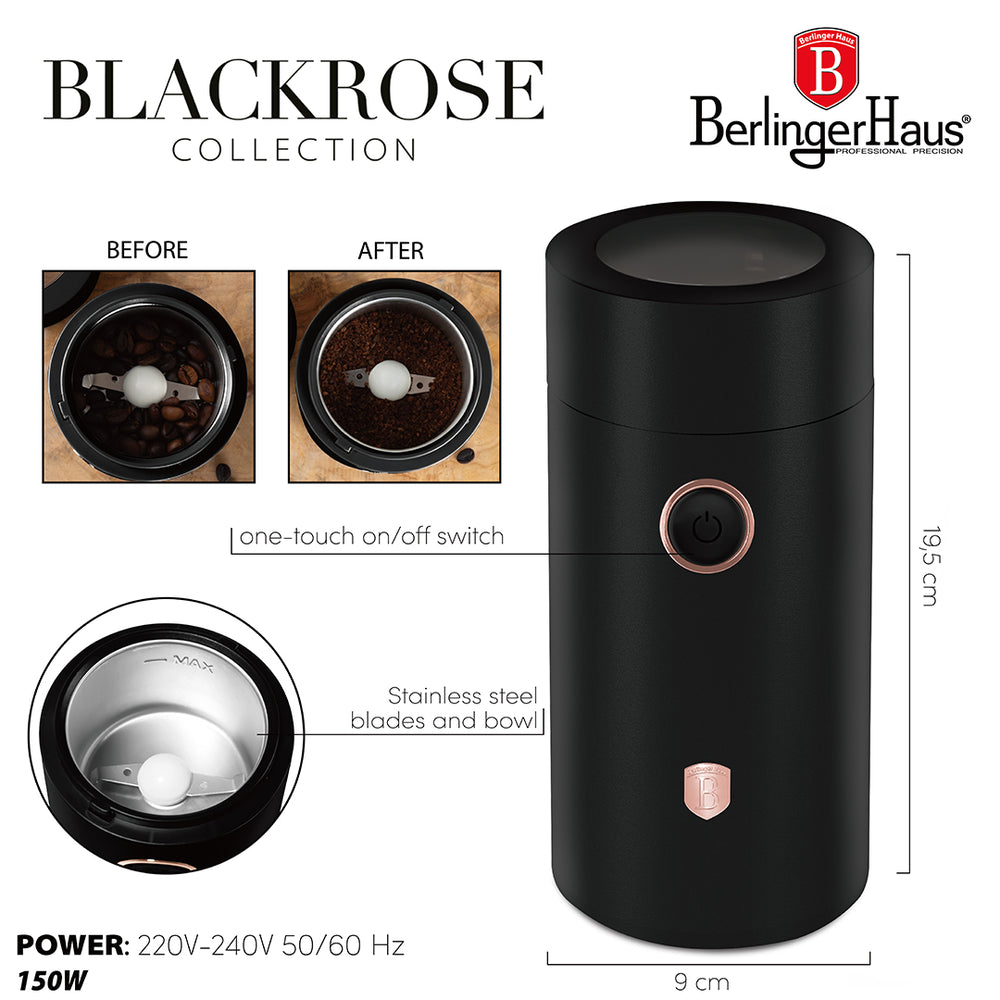 BerlingerHaus Elektrische Kaffeemühle / Kaffeebohnenmühle - Schwarz Roségold - 150W
