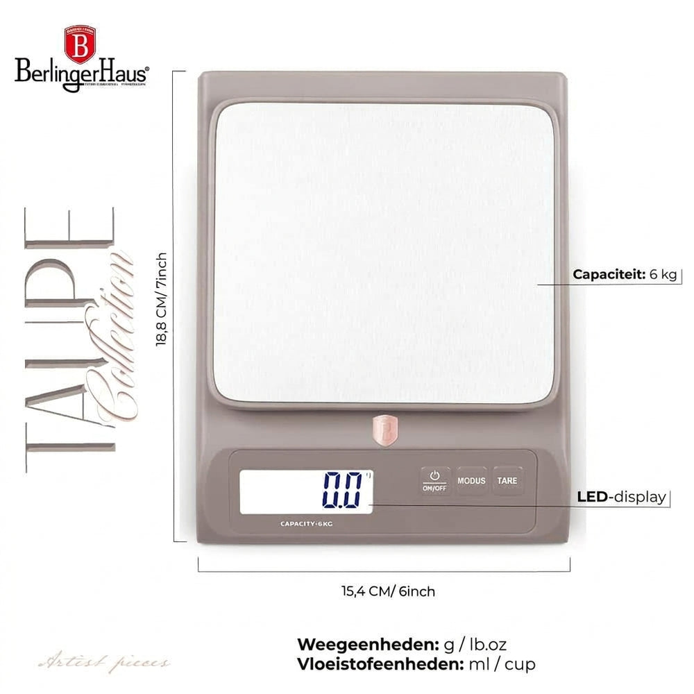 BerlingerHaus Küchenwaage Digital Matt Taupe - Maximal 6 kg