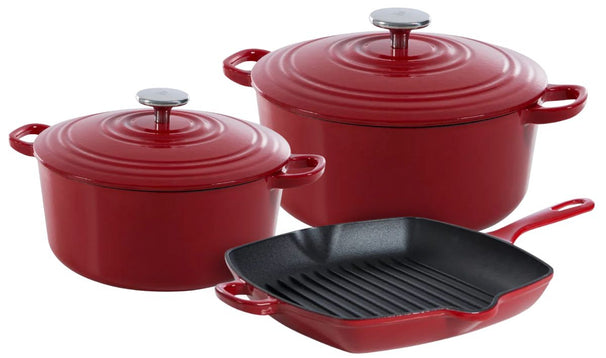 BK Topfset Bourgogne Chili Red Gietijzer 3-teilig - Bräter ø 24, 28 cm & Grillpfanne 26x26 cm - geeignet für alle Wärmequellen