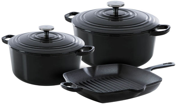 BK Topfset Bourgogne Jet Black Gusseisen 3-teilig - Bräter ø 24, 28 cm & Grillpfanne 26x26 cm - geeignet für alle Wärmequellen