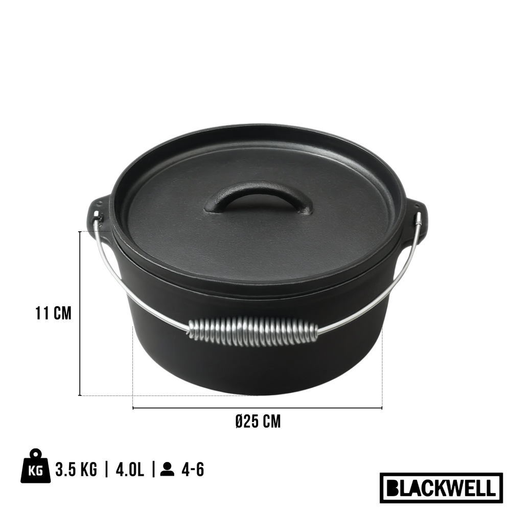 Blackwell Dutch Oven BBQ Set Gusseisen - Bräter + Lifter, Bratpfanne ø 20 cm & Steelpan 18 cm - 4-teilig