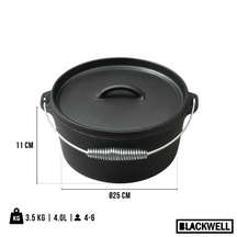 Blackwell Dutch Oven BBQ Set Gusseisen - Bräter + Lifter, Bratpfanne ø 20 cm & Steelpan 18 cm - 4-teilig