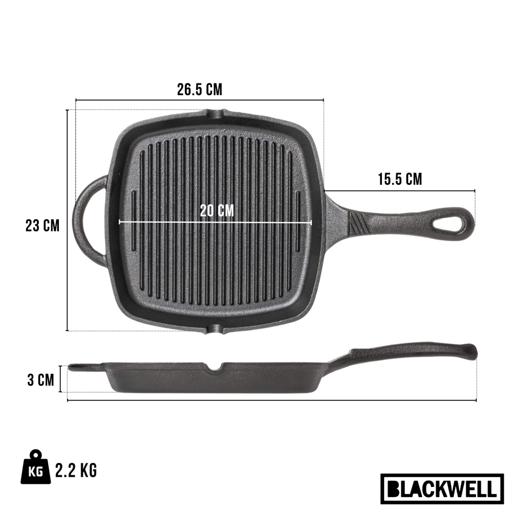 Blackwell Grillpfanne aus Gusseisen / Skillet 23 x 23 cm – ohne Antihaftbeschichtung – geeignet für alle Herdarten