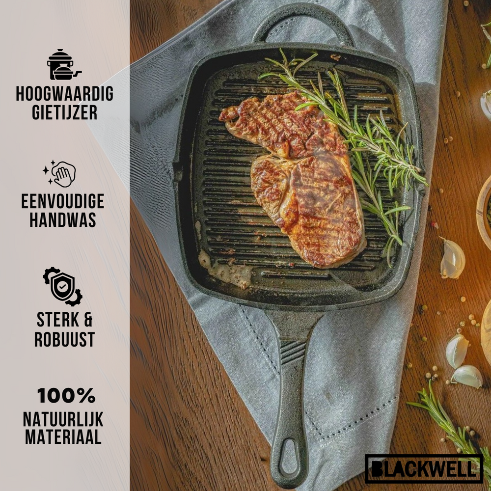 Blackwell Grillpfanne aus Gusseisen / Skillet 23 x 23 cm – ohne Antihaftbeschichtung – geeignet für alle Herdarten