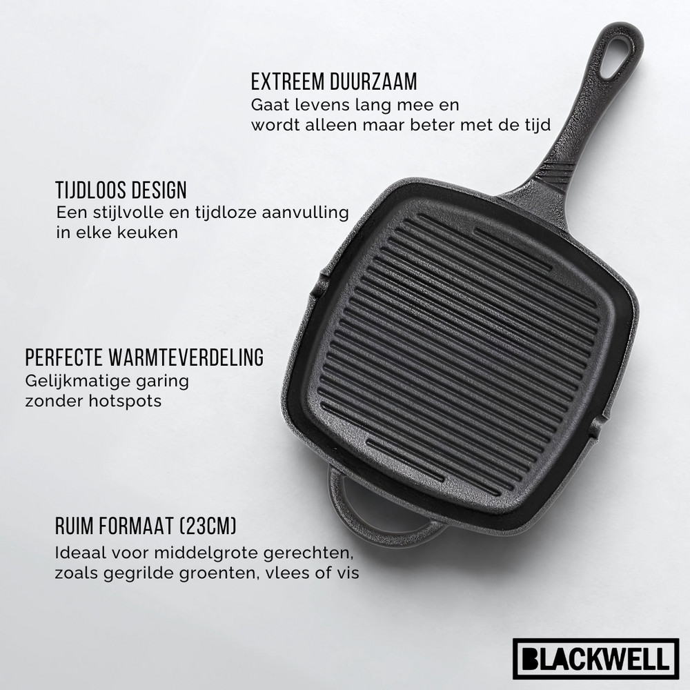 Blackwell Grillpfanne aus Gusseisen / Skillet 23 x 23 cm – ohne Antihaftbeschichtung – geeignet für alle Herdarten