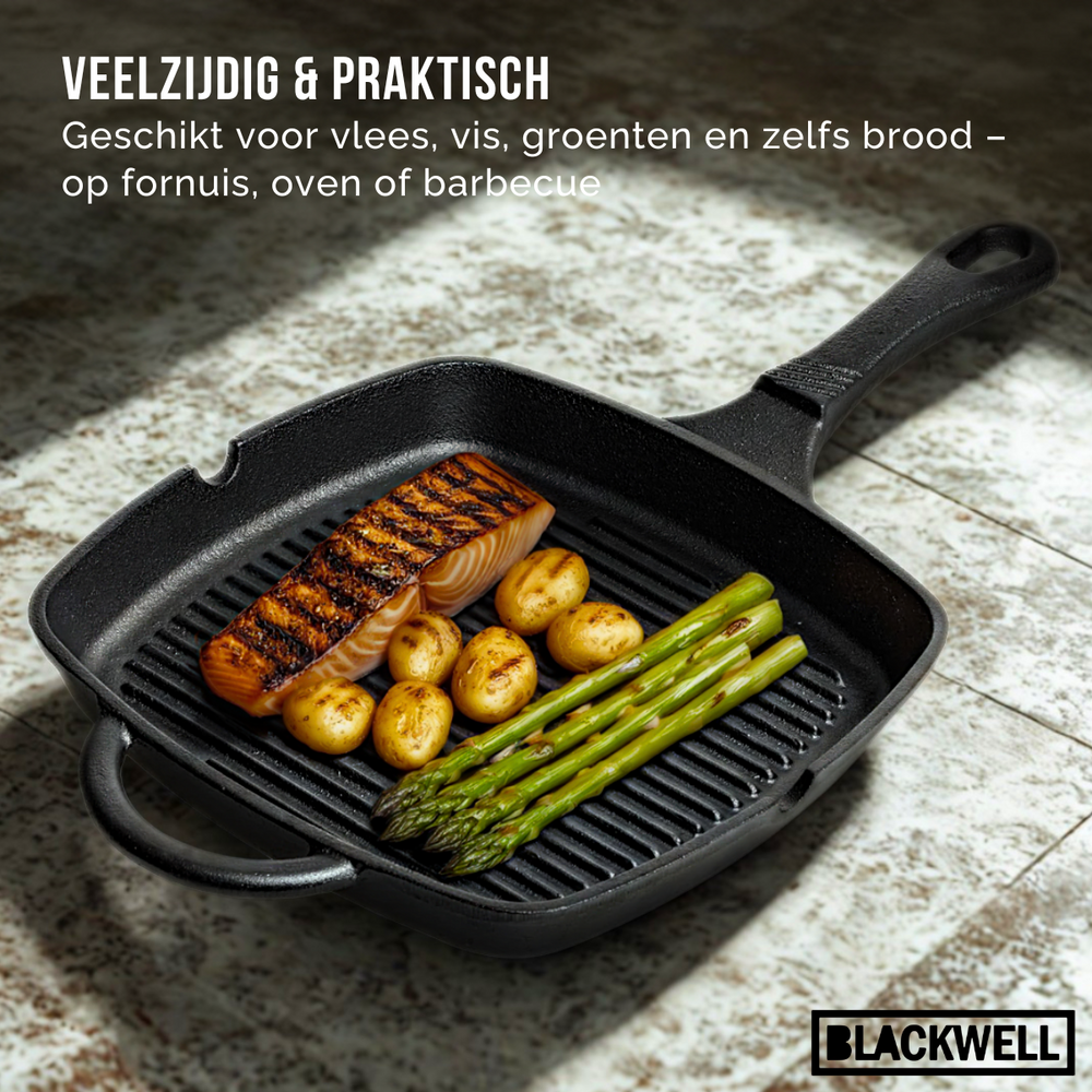 Blackwell Pfannenset aus Gusseisen – Grillpfanne 23 x 23 cm, Bratpfanne Ø 25 cm & Wok Ø 32 cm – 3-teilig – geeignet für alle Herdarten