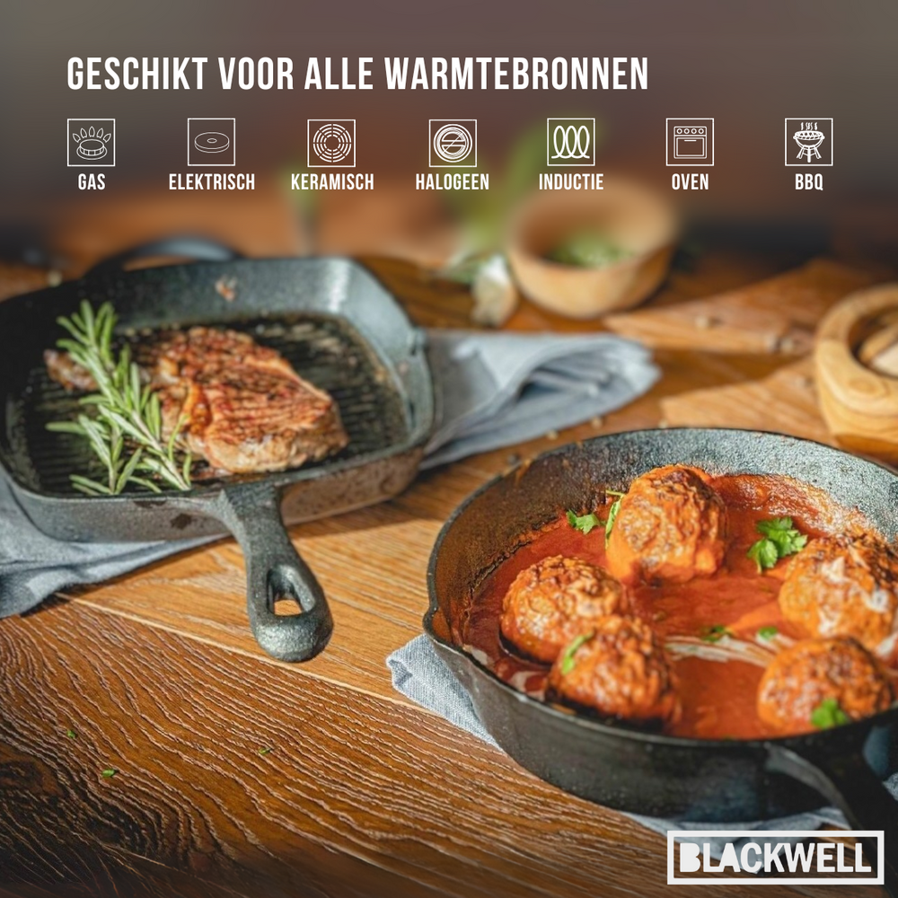 Blackwell Grillpfanne aus Gusseisen / Skillet 23 x 23 cm – ohne Antihaftbeschichtung – geeignet für alle Herdarten