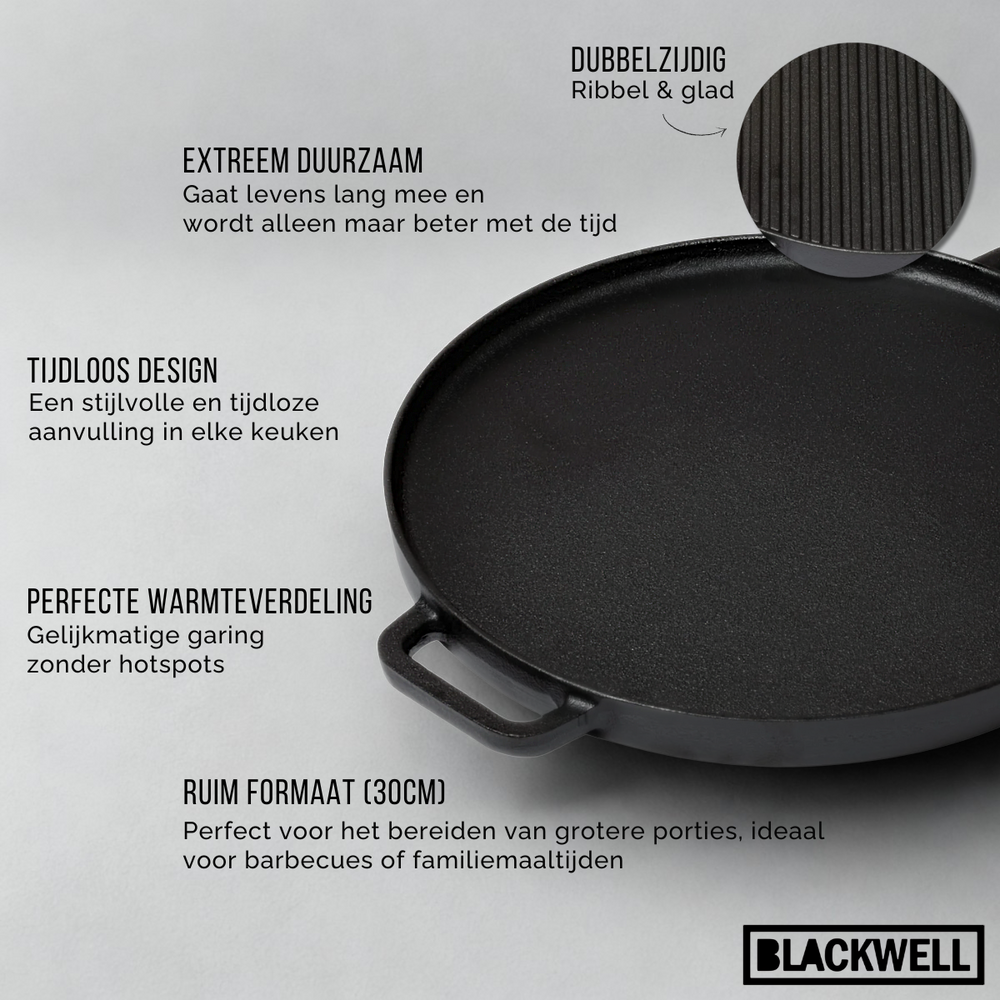 Blackwell Grillplatte BBQ / Backplatte aus Gusseisen Ø 30 cm – ohne Antihaftbeschichtung – beidseitig