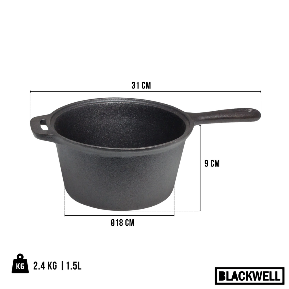 Blackwell Dutch Oven BBQ Set Gusseisen - Bräter + Lifter, Bratpfanne ø 20 cm & Steelpan 18 cm - 4-teilig