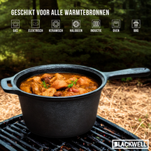 Blackwell Dutch Oven BBQ Set Gusseisen - Bräter + Lifter, Bratpfanne ø 20 cm & Steelpan 18 cm - 4-teilig