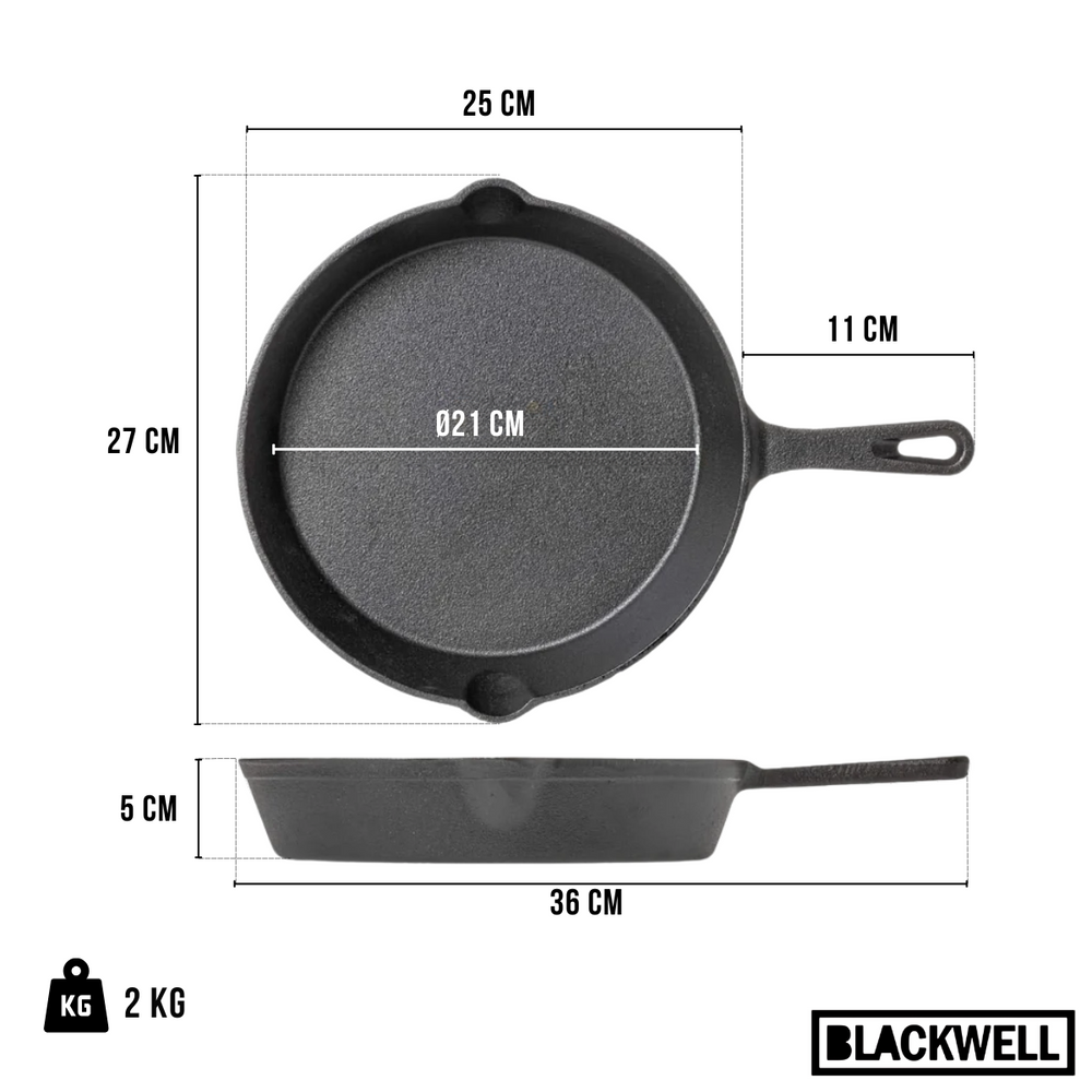 Blackwell Dutch Oven BBQ Set Gusseisen - Bräter + Lifter, Bratpfanne ø 20 cm & Steelpan 18 cm - 4-teilig