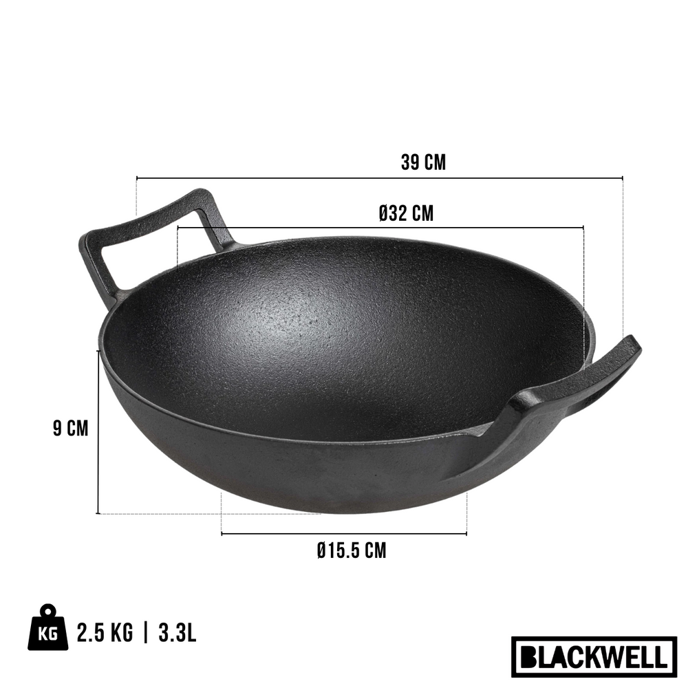 Blackwell Wokpfanne Gusseisen Ø 32 cm / 3.3 Liter – ohne Antihaftbeschichtung – geeignet für alle Wärmequellen