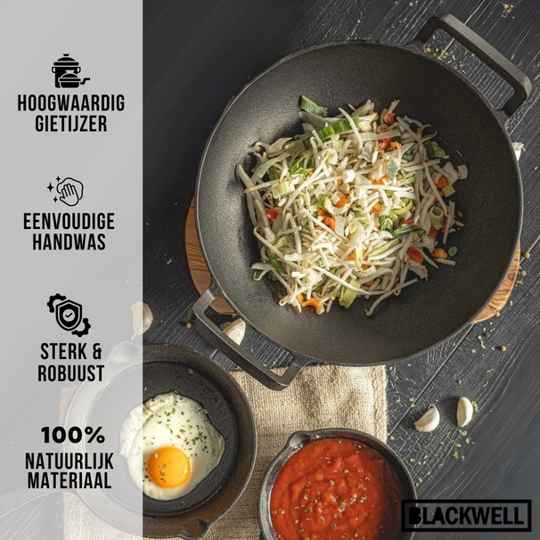 Blackwell Wokpfanne Gusseisen Ø 32 cm / 3.3 Liter – ohne Antihaftbeschichtung – geeignet für alle Wärmequellen