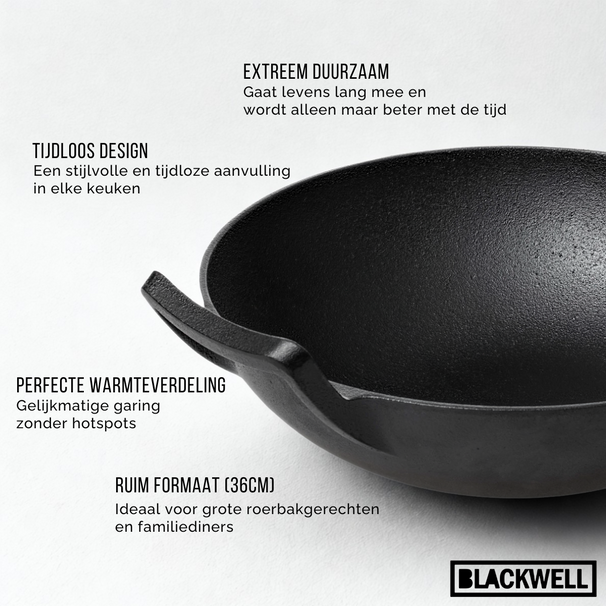 Blackwell Wokpfanne Gusseisen Ø 36 cm / 6.5 Liter – ohne Antihaftbeschichtung – geeignet für alle Wärmequellen
