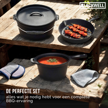 Blackwell Dutch Oven BBQ Set Gusseisen - Bräter + Lifter, Bratpfanne ø 20 cm & Steelpan 18 cm - 4-teilig