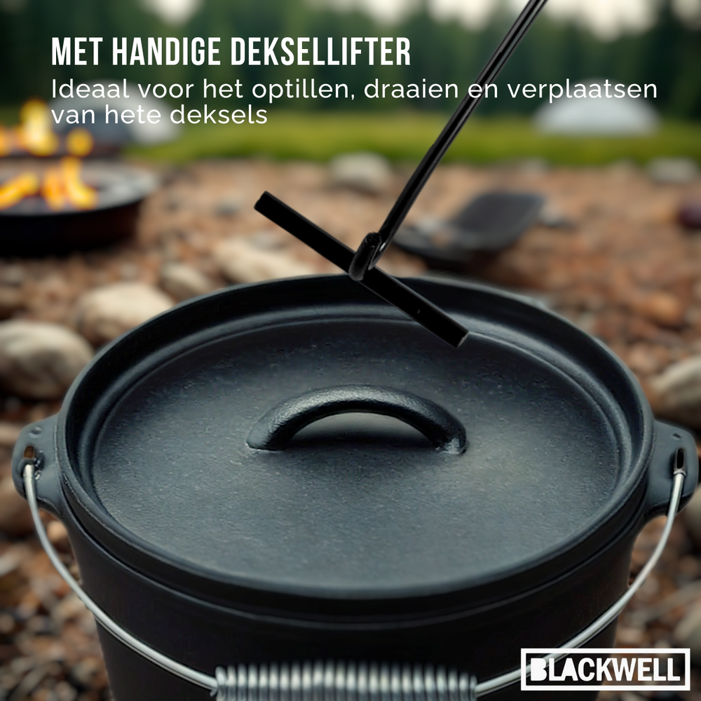 Blackwell Dutch Oven BBQ Set Gusseisen - Bräter + Lifter, Bratpfanne ø 20 cm & Steelpan 18 cm - 4-teilig
