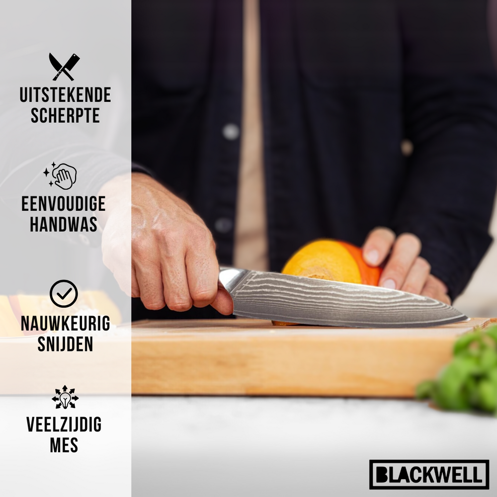 Blackwell Messerset (Kochmesser + Santokumesser + Nakirimesser + Officemesser) – Japanischer Stil – 67 Lagen Damaszenerstahl – VG10 – 4-teilig