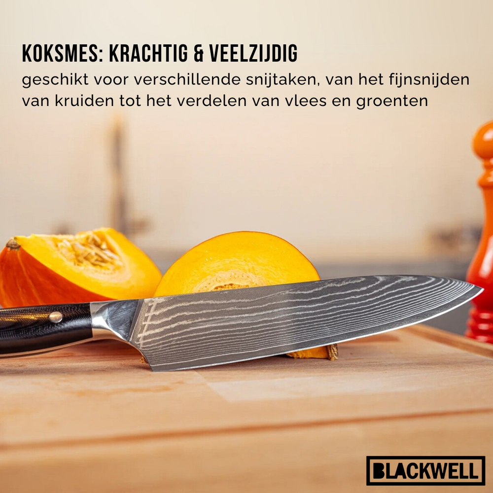 Blackwell Messerset (Kochmesser + Santokumesser + Nakirimesser + Officemesser) – Japanischer Stil – 67 Lagen Damaszenerstahl – VG10 – 4-teilig