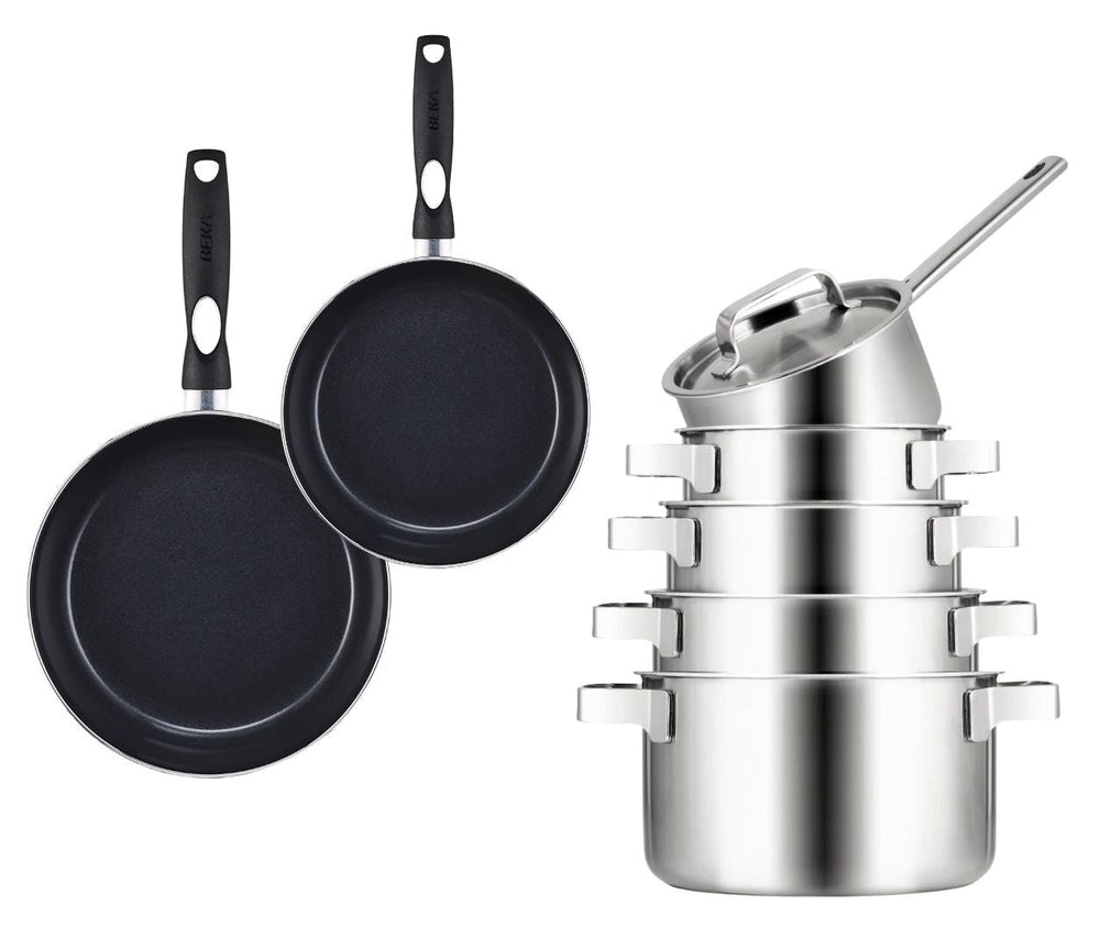 Sola Kochgeschirr Set Ruby 7-teilig Premium Triply RVS - Kochtopf ø 16, 18, 20 und 24 cm und Stielkasserolle ø 16 cm & BEKA Bratpfannen Pro Induc ø 24 & 28 cm