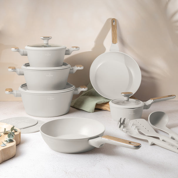 BerlingerHaus Topfset Nordic Matt Crème 11-Teilig - Kochtopf ø 20, 24, 28 cm, Bratpfanne ø 24, 28 cm & Stielkasserolle ø 16 cm - geeignet für alle Wärmequellen