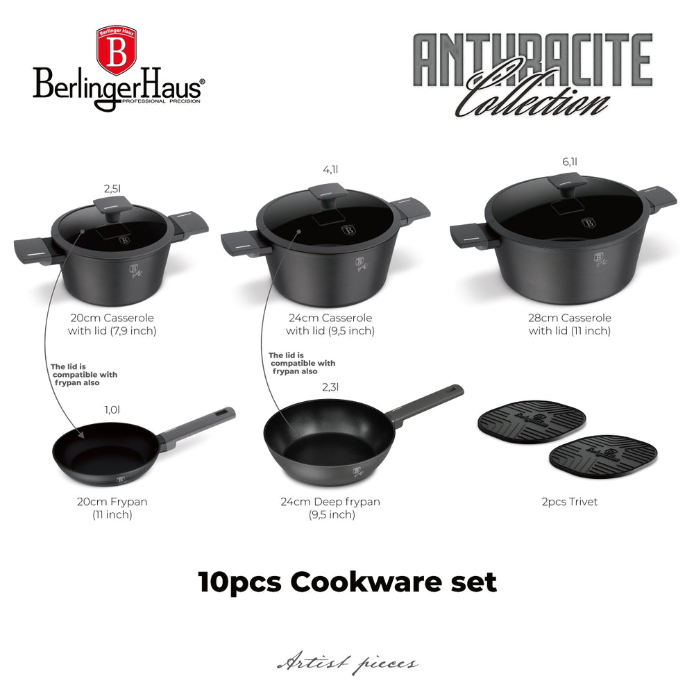 BerlingerHaus Topfset Matt Anthrazit 7-teilig - Kochtöpfe ø 20, 24, 28 cm, Bratpfannen ø 20 & 24 cm - geeignet für alle Wärmequellen