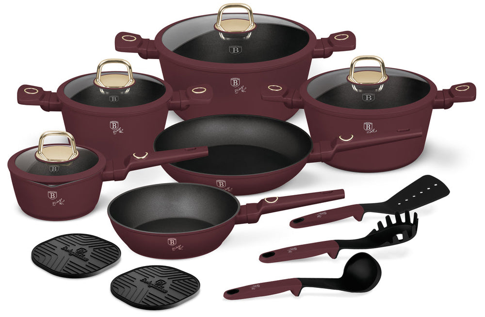 BerlingerHaus Topfset Matt Bordeaux 11-teilig - Kochtopf ø 20, 24, 28 cm, Bratpfanne ø 24, 28 cm & Stielkasserolle ø 16 cm - geeignet für alle Wärmequellen