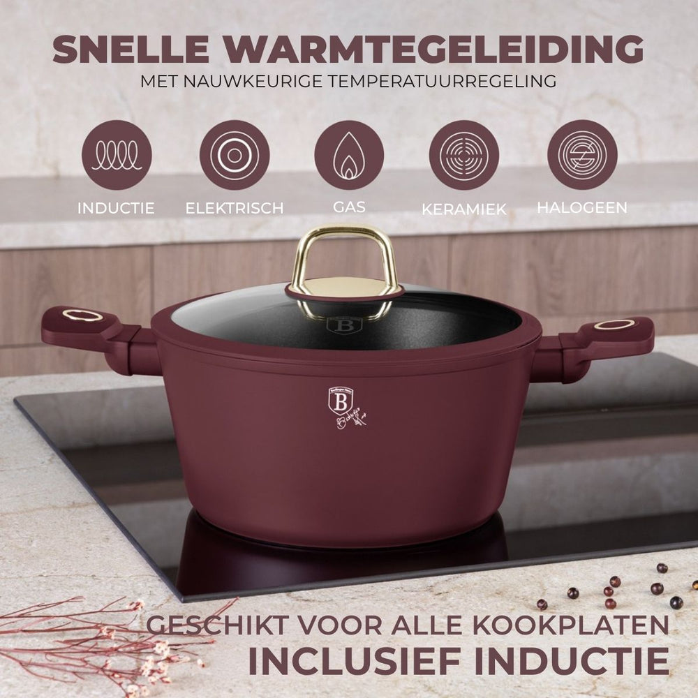 BerlingerHaus Topfset Matt Bordeaux 11-teilig - Kochtopf ø 20, 24, 28 cm, Bratpfanne ø 24, 28 cm & Stielkasserolle ø 16 cm - geeignet für alle Wärmequellen