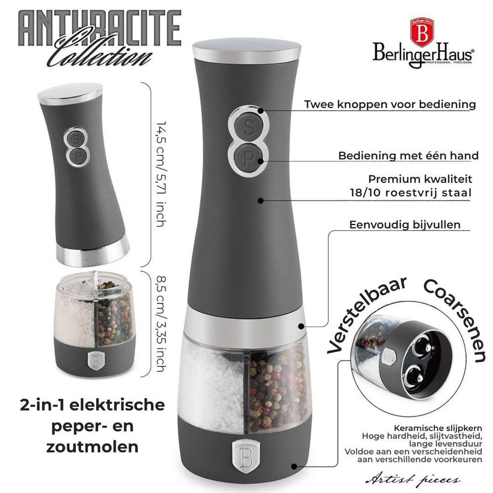 BerlingerHaus Elektrische Pfeffer- und Salzmühle Matt Anthrazit - 2-in-1 - Keramische Mühle