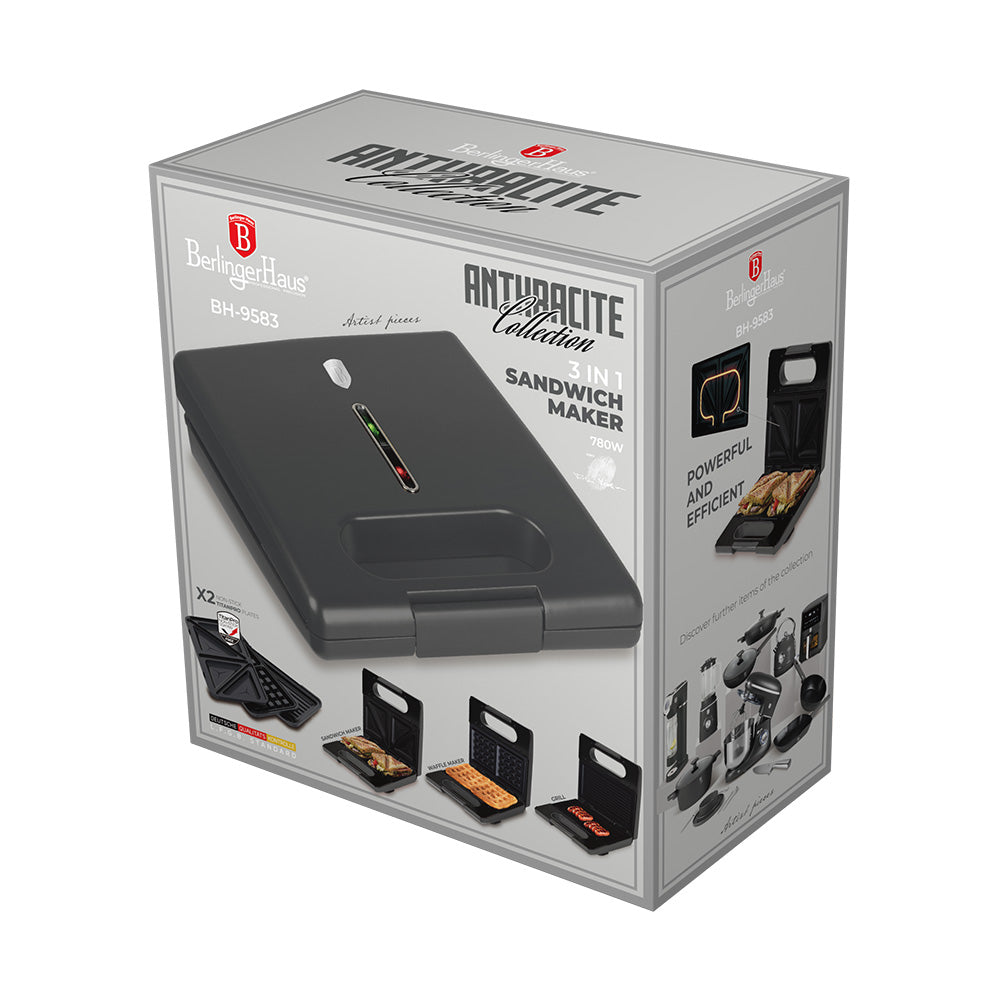 BerlingerHaus Sandwichmaker 3-in-1 Matt Anthrazit - Herausnehmbare Platten - Waffel & Grill - 780W
