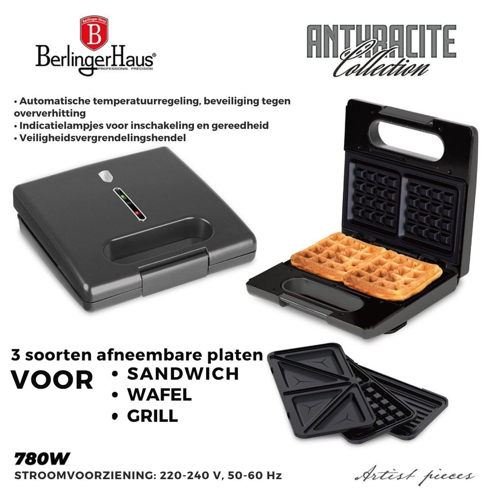 BerlingerHaus Sandwichmaker 3-in-1 Matt Anthrazit - Herausnehmbare Platten - Waffel & Grill - 780W