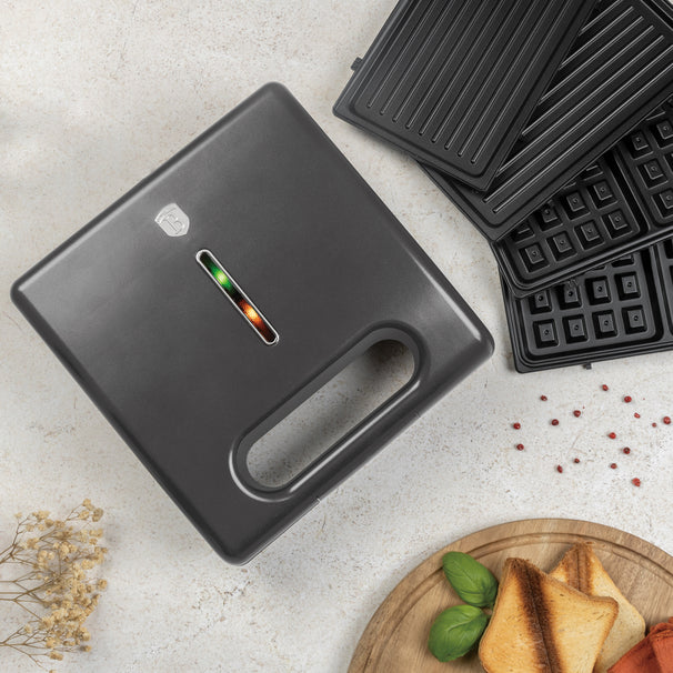 BerlingerHaus Sandwichmaker 3-in-1 Matt Anthrazit - Herausnehmbare Platten - Waffel & Grill - 780W