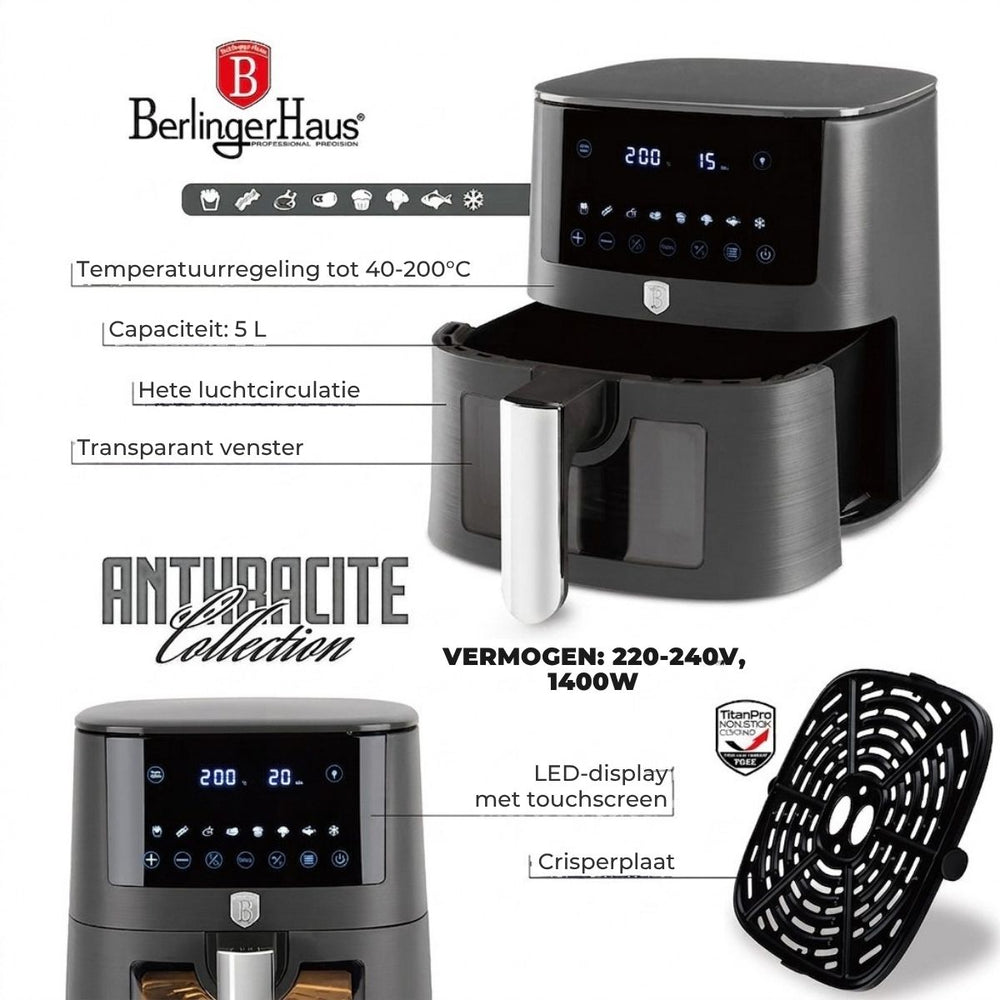 BerlingerHaus Heißluftfritteuse XL Matt Anthrazit - mit Sichtfenster - 5 Liter - 1400W