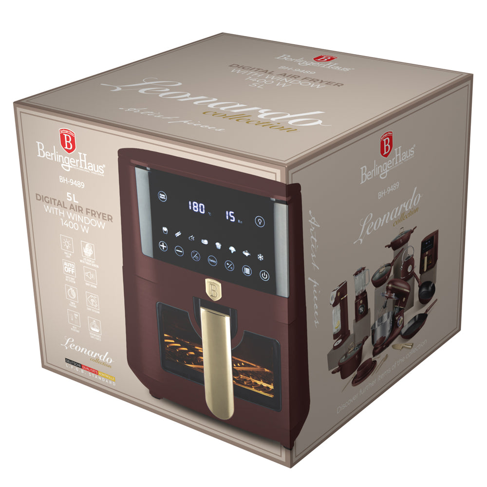 BerlingerHaus Heißluftfritteuse XL Matt Bordeaux - mit Sichtfenster - 5 Liter - 1400W