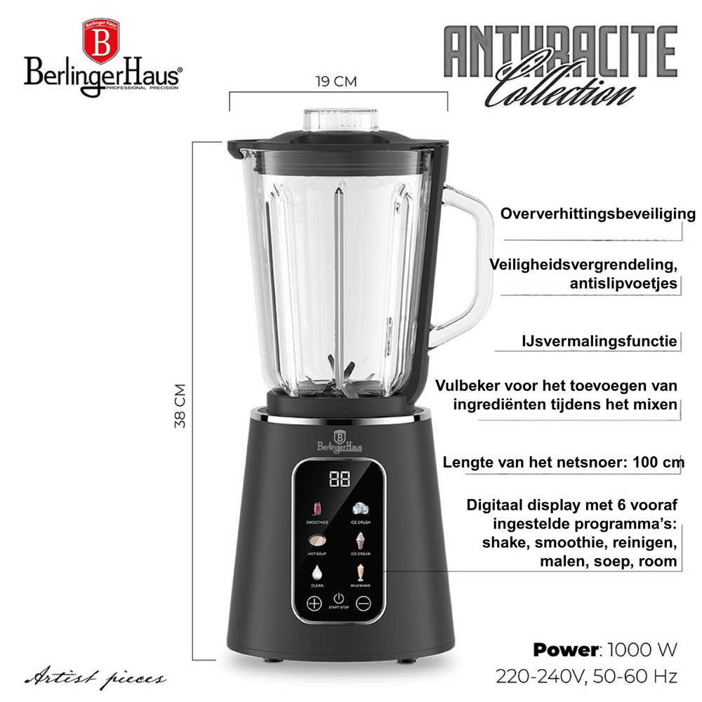 BerlingerHaus Standmixer Digital Matt Anthrazit - Glasbehälter - 1,5 Liter - 1000W