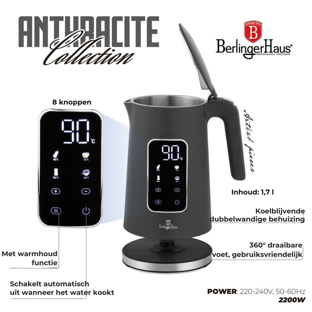 BerlingerHaus Wasserkocher Digital Matt Anthrazit - Temperaturregelung - 1,7 Liter - 2200W