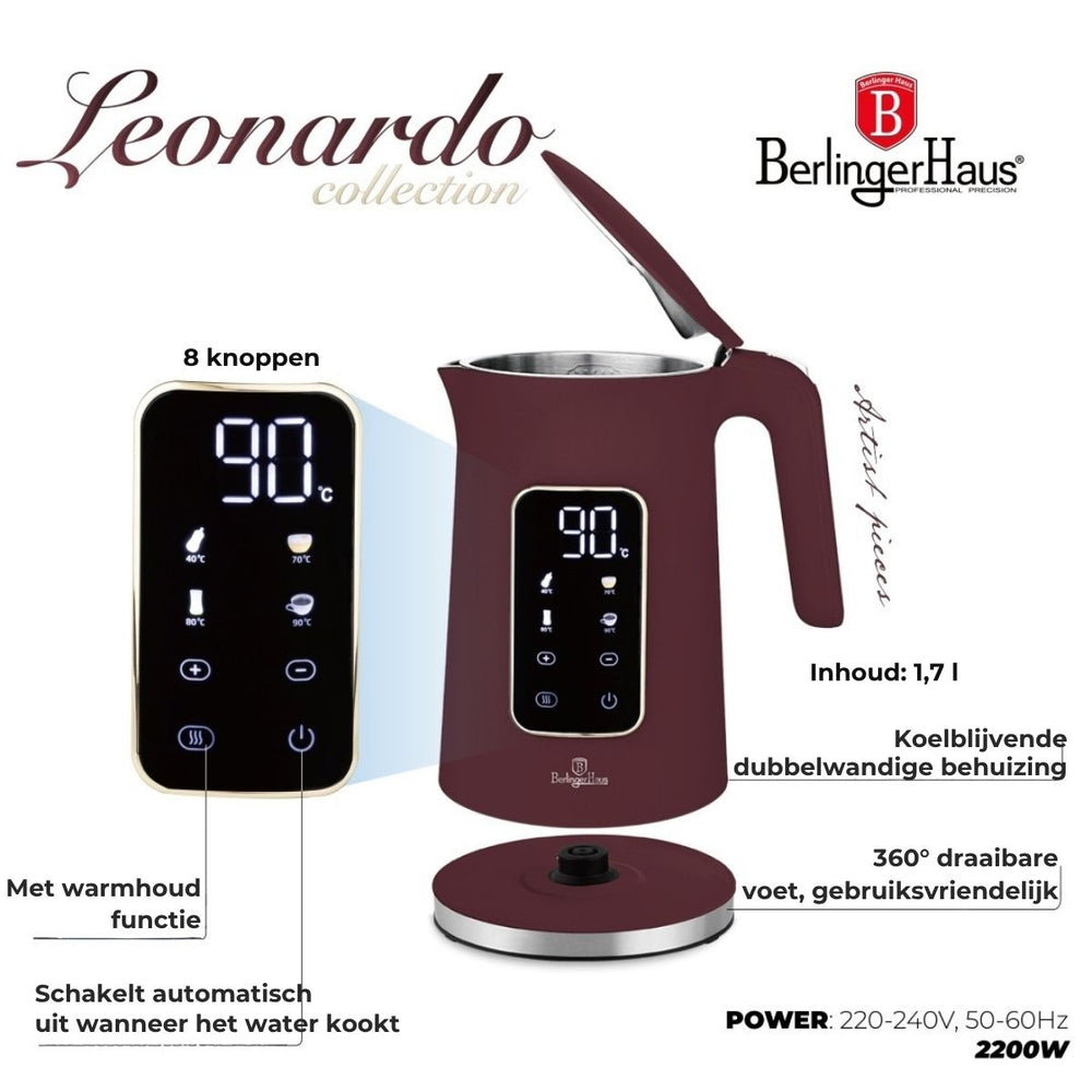 BerlingerHaus Wasserkocher Digital Matt Bordeaux - Temperatureinstellung - 1,7 Liter - 2200W
