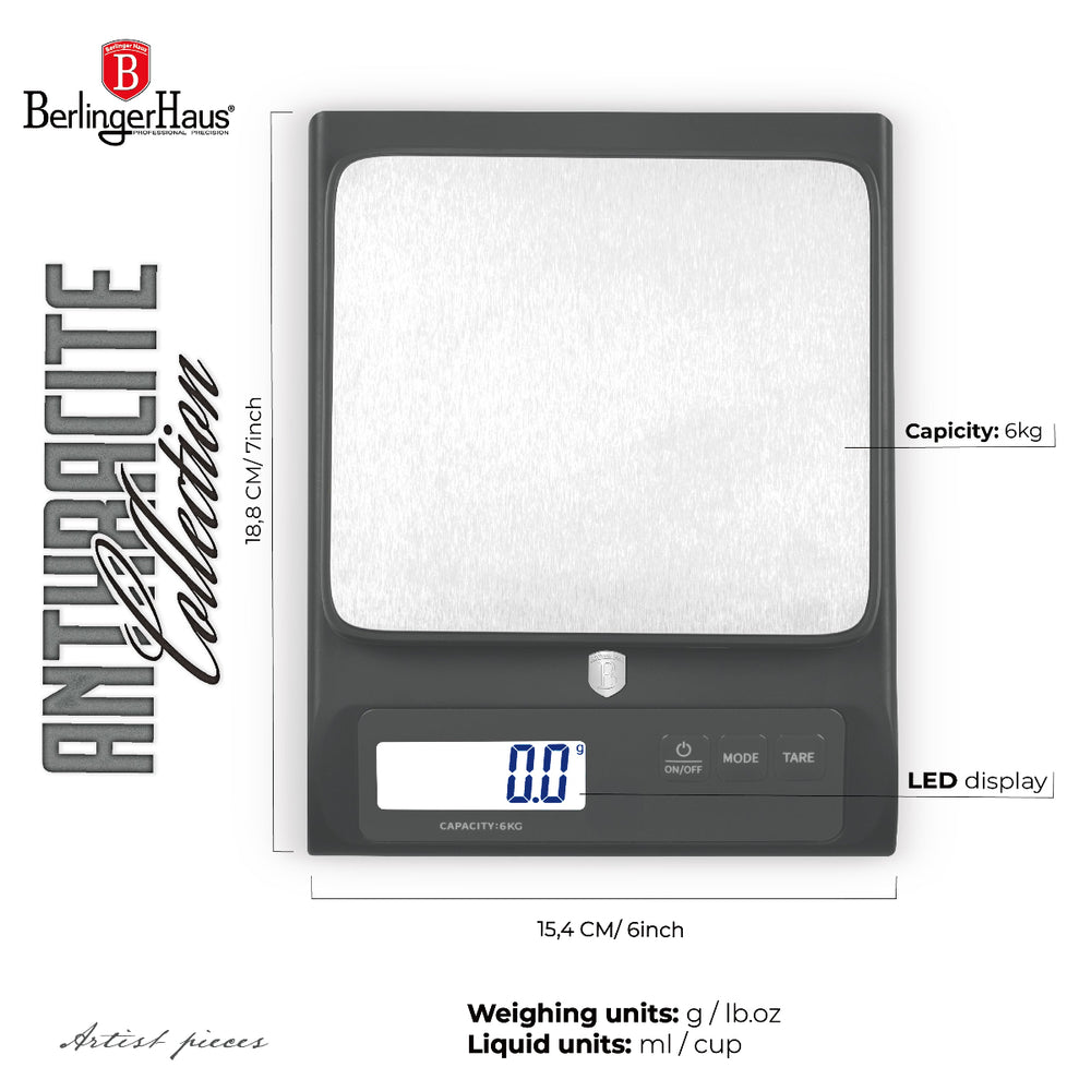 BerlingerHaus Küchenwaage Digital Anthrazit - Maximal 6 kg