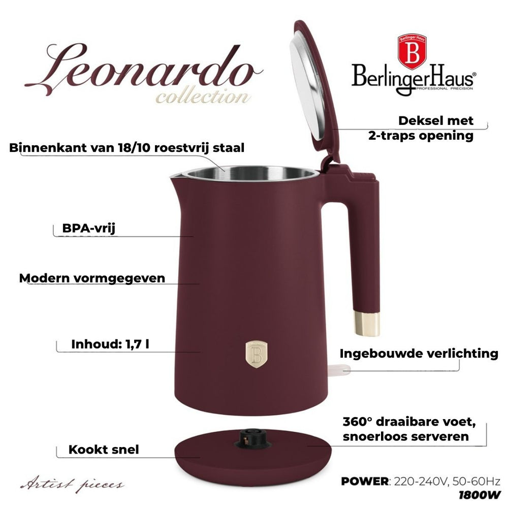BerlingerHaus Wasserkocher Doppelwandig Matt Bordeaux - 1,7 Liter - 1800W