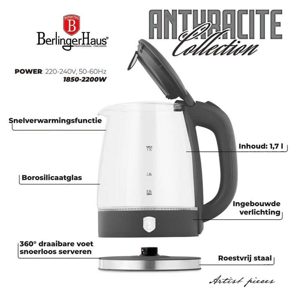 BerlingerHaus Wasserkocher Glas Matt Anthrazit - 1,7 Liter - 2200W