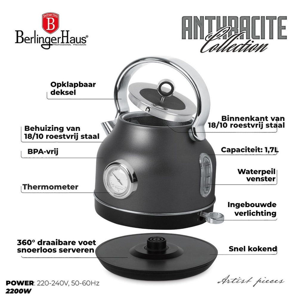 BerlingerHaus Wasserkocher Matt Antrazit - mit Thermometer - 1,7 Liter - 2200W