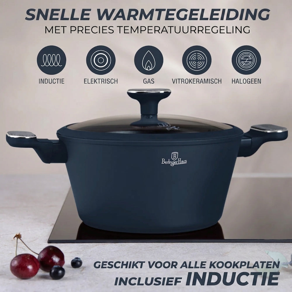 BerlingerHaus Topfset Matt Blau 11-teilig - Kochtopf ø 20, 24, 28 cm, Bratpfanne ø 24, 28 cm & Stielkasserolle ø 16 cm - Geeignet für alle Wärmequellen