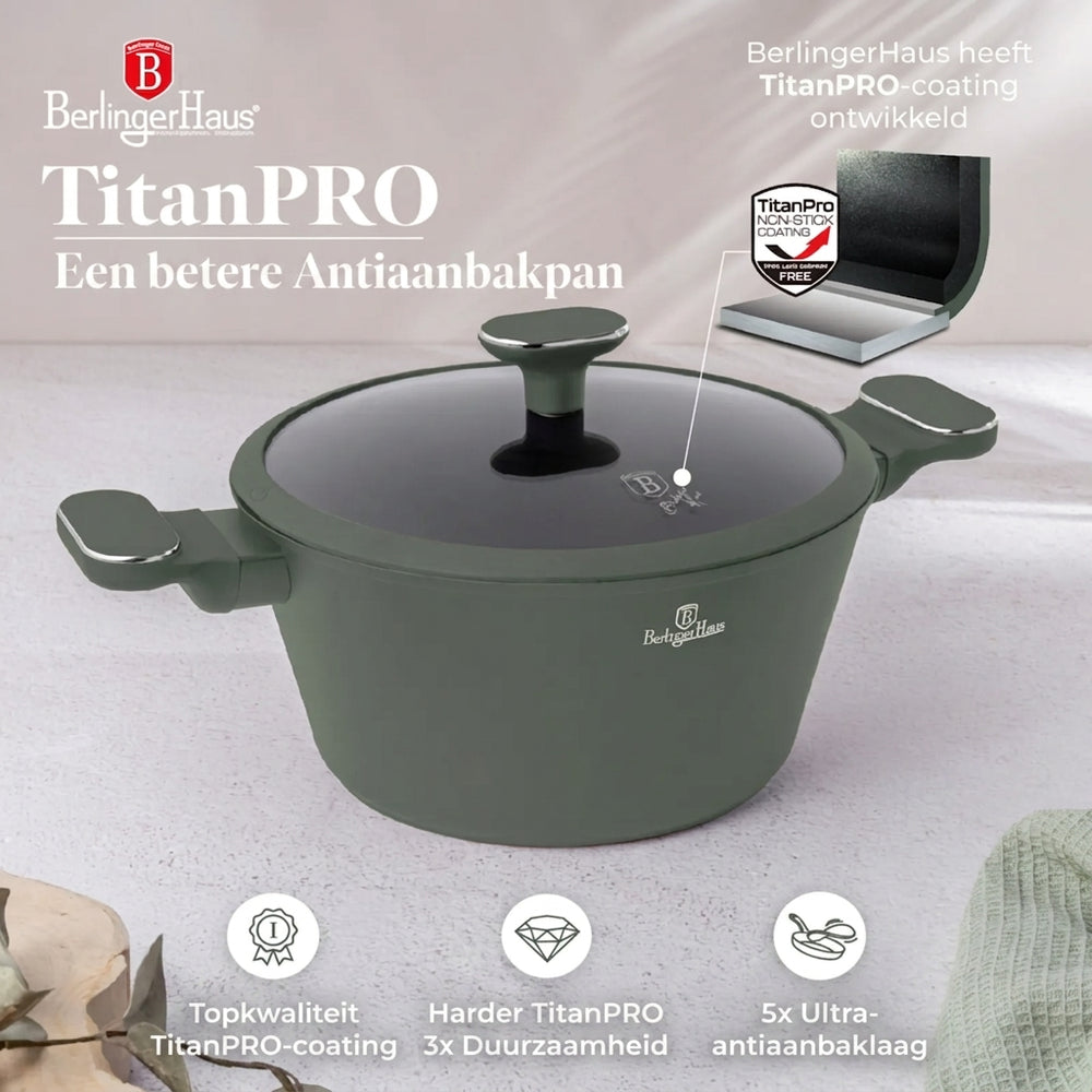 BerlingerHaus Topfset Matt Grün 11-Teilig - Kochtopf ø 20, 24, 28 cm, Bratpfanne ø 24, 28 cm & Stielkasserolle ø 16 cm - Geeignet für alle Wärmequellen