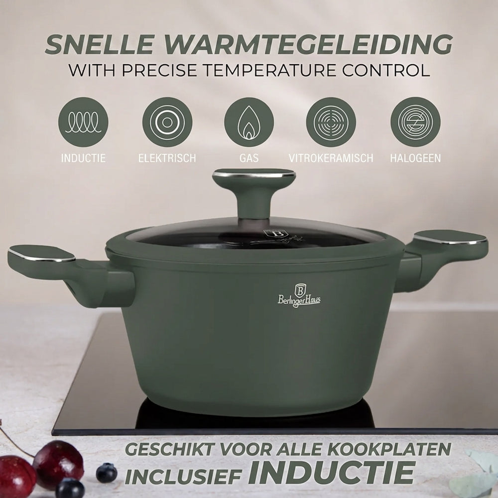 BerlingerHaus Topfset Matt Grün 11-Teilig - Kochtopf ø 20, 24, 28 cm, Bratpfanne ø 24, 28 cm & Stielkasserolle ø 16 cm - Geeignet für alle Wärmequellen
