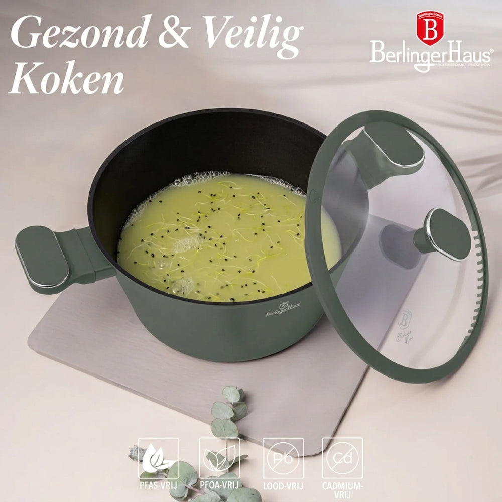 BerlingerHaus Topfset Matt Grün 11-Teilig - Kochtopf ø 20, 24, 28 cm, Bratpfanne ø 24, 28 cm & Stielkasserolle ø 16 cm - Geeignet für alle Wärmequellen