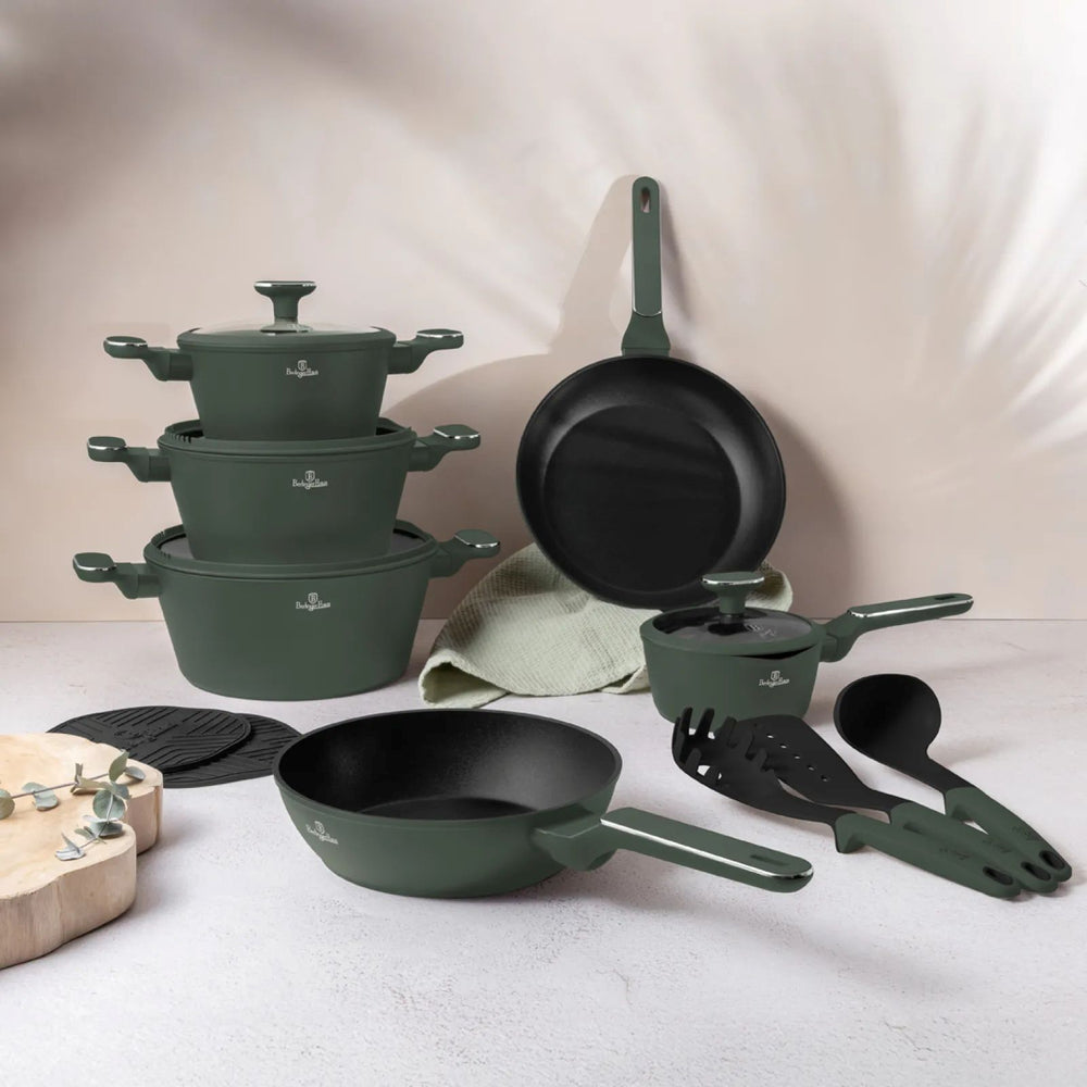 BerlingerHaus Topfset Matt Grün 11-Teilig - Kochtopf ø 20, 24, 28 cm, Bratpfanne ø 24, 28 cm & Stielkasserolle ø 16 cm - Geeignet für alle Wärmequellen