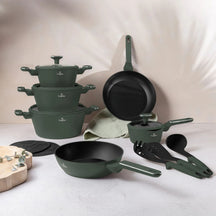 BerlingerHaus Topfset Matt Grün 11-Teilig - Kochtopf ø 20, 24, 28 cm, Bratpfanne ø 24, 28 cm & Stielkasserolle ø 16 cm - Geeignet für alle Wärmequellen