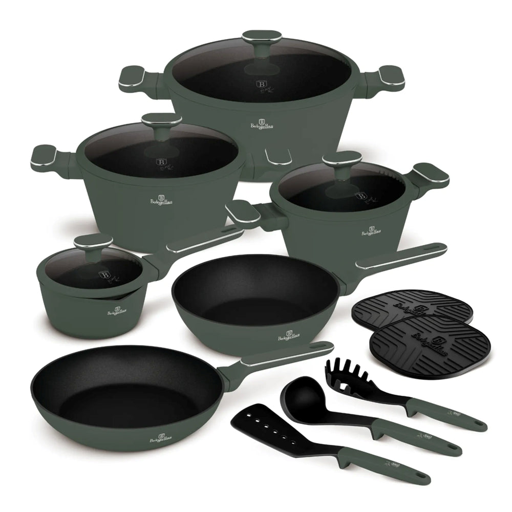 BerlingerHaus Topfset Matt Grün 11-Teilig - Kochtopf ø 20, 24, 28 cm, Bratpfanne ø 24, 28 cm & Stielkasserolle ø 16 cm - Geeignet für alle Wärmequellen