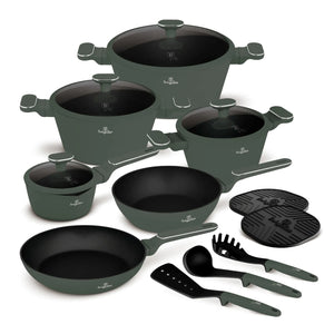 BerlingerHaus Topfset Matt Grün 11-Teilig - Kochtopf ø 20, 24, 28 cm, Bratpfanne ø 24, 28 cm & Stielkasserolle ø 16 cm - Geeignet für alle Wärmequellen