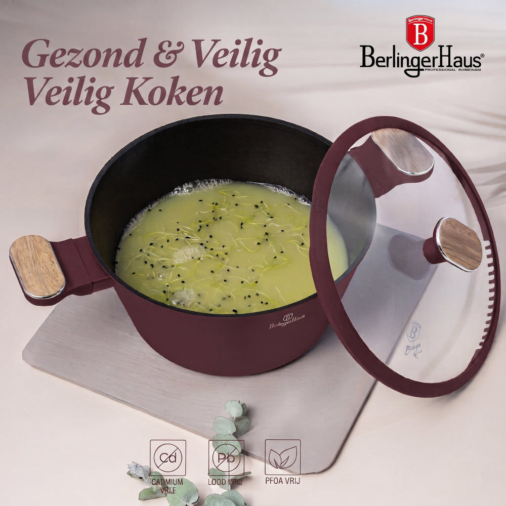 BerlingerHaus Topfset Nordic Matt Bordeaux 7-teilig - Kochtopf ø 20, 24, 28 cm, Bratpfanne ø 20 & 24 cm - Geeignet für alle Wärmequellen