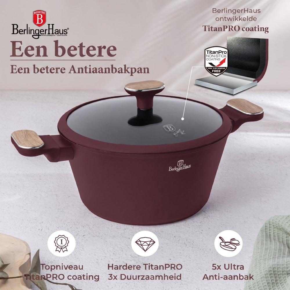BerlingerHaus Topfset Nordic Matt Bordeaux 7-teilig - Kochtopf ø 20, 24, 28 cm, Bratpfanne ø 20 & 24 cm - Geeignet für alle Wärmequellen